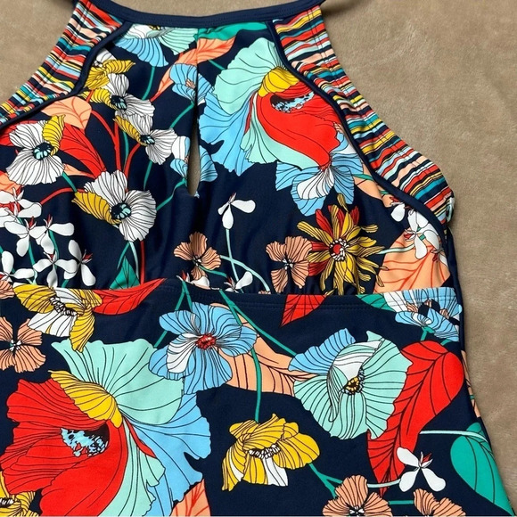 Ellen Tracy High Neck Keyhole Navy with Floral Tankini Top Size 8 - Picture 7 of 11